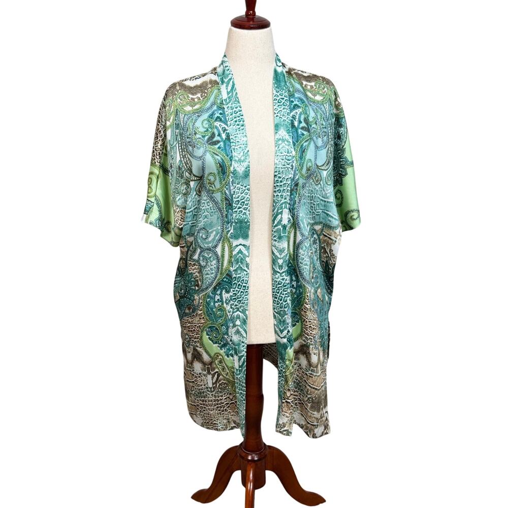 Chico's ruana green & blue paisley open front elbow length sleeve  Sz S/M